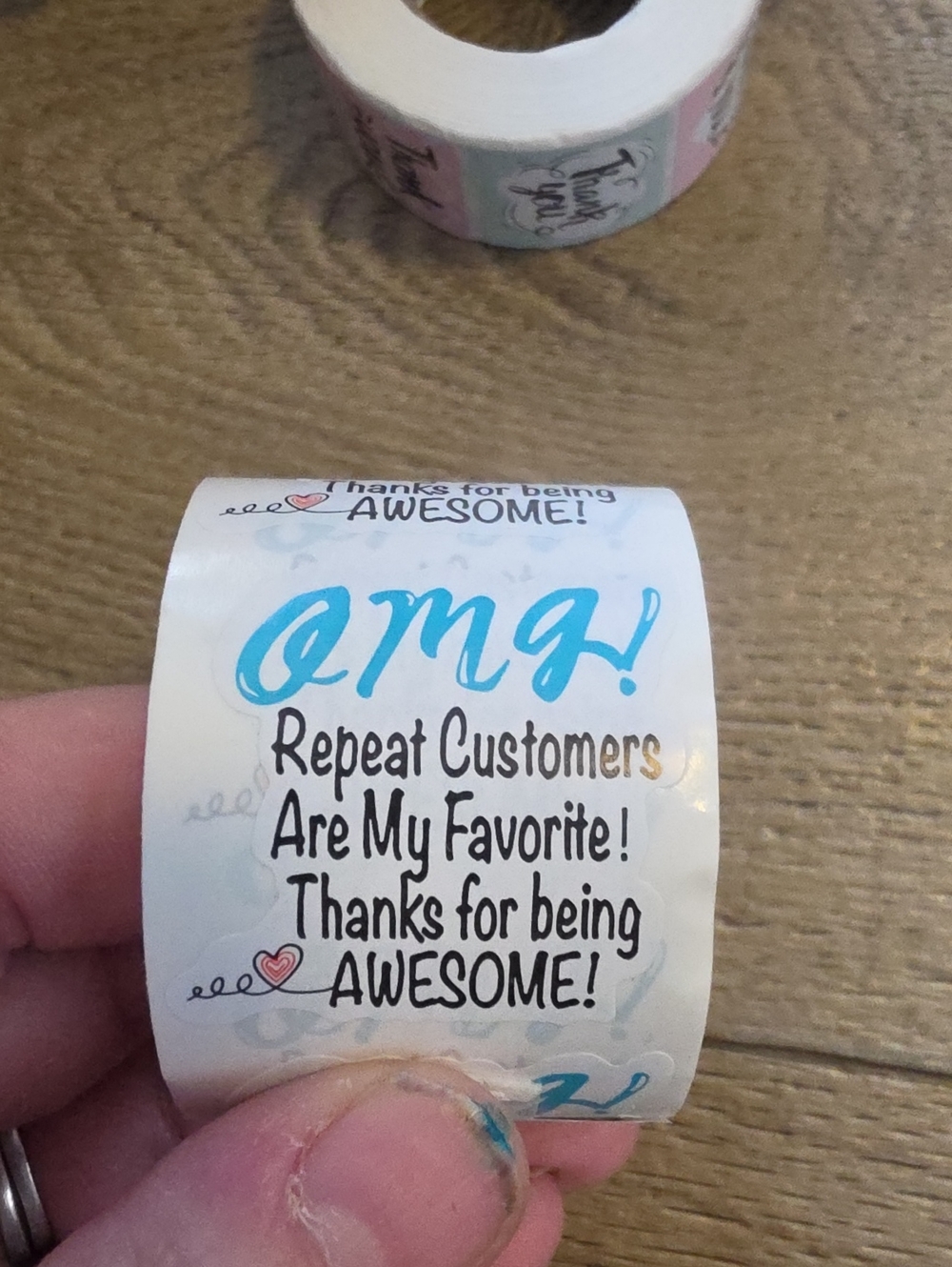 White & Teal 'OMG! Repeat Customers Are My Favorite' Appreciation Sticker Roll